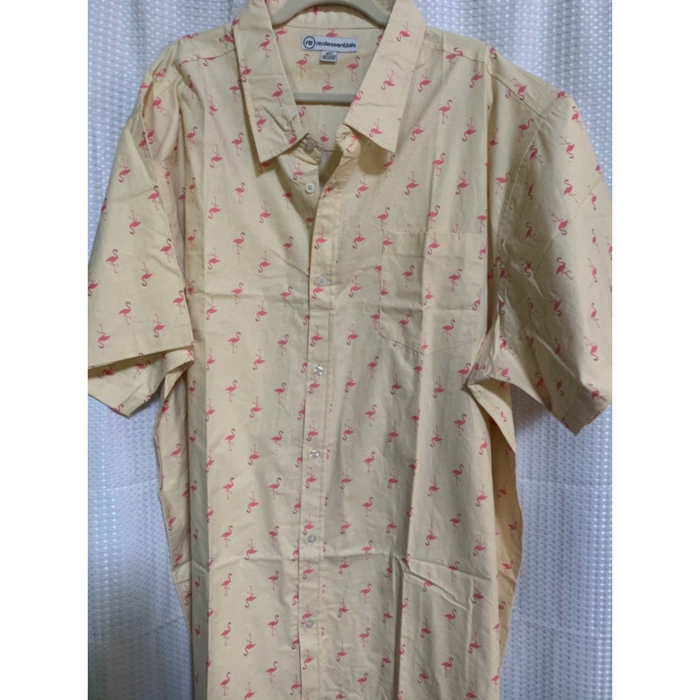 Real Essentials Mens 4XT Yellow Pink Flamingo Print Cotton Button Down Shirt